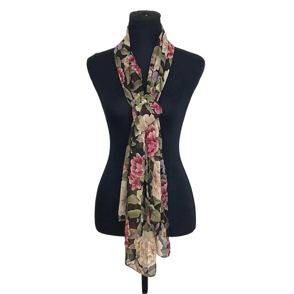 Dana Buchman Floral Sheer Scarf Black Pink Cream 20x69 Lightweight Wrap